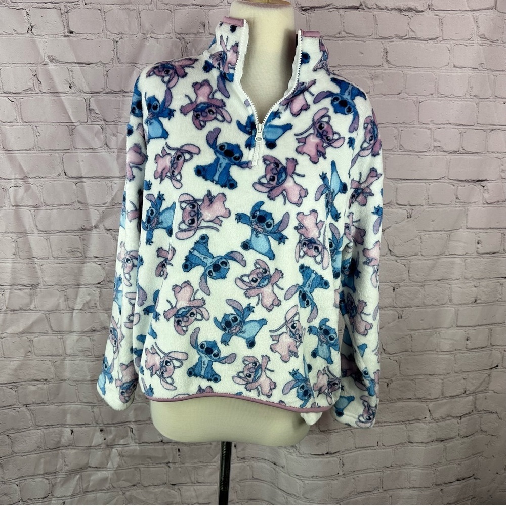 Disney stich & angel fuzzy pullover 1/4 zip v-neck Sweatshirt womens S cozy